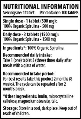 Spirulină 100% organică - 100 de tablete