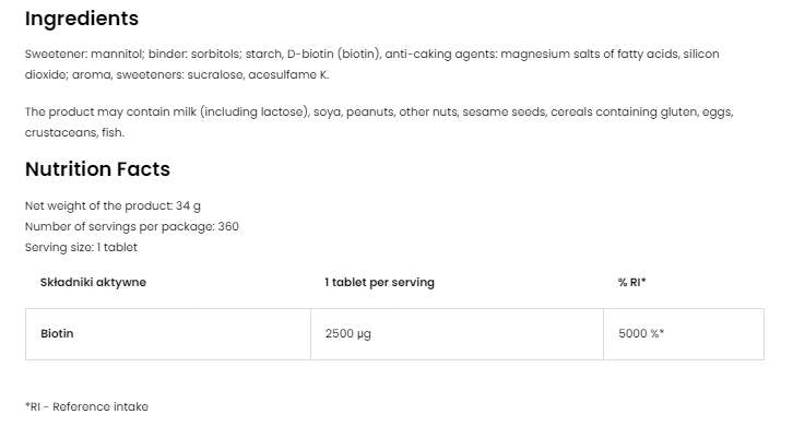 Biotină 2500 mcg | Pastile 360 Comprimate sublinguale