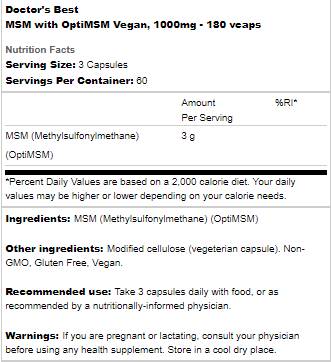 BEST Vegan MSM 1000 mg | Cu OptiMSM - 180 capsule