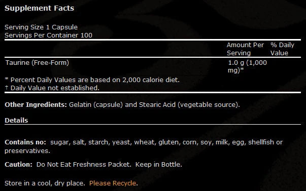 Taurină 1000 mg / rezistență dublă - 100 de capsule