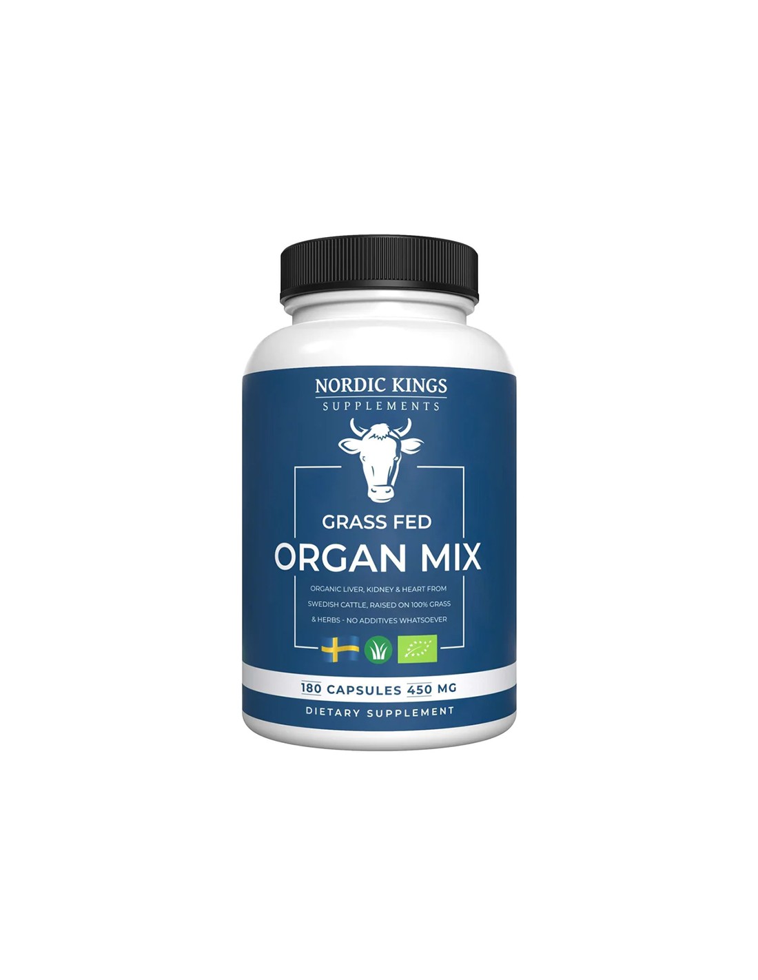 Mix de ficat de vită, rinichi și inimă de la animale hrănite cu iarbă (bio), 180 capsule Nordic Kings