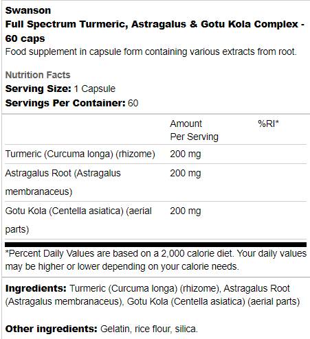 Turmeric cu spectru complet, Astragalus și Complex Gotu Kola 60 capsule