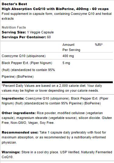 BEST CoQ10 cu Bioperine 400 mg - 60 capsule