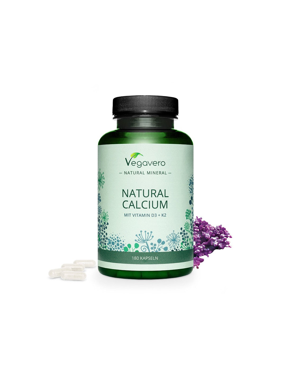 Calciu natural cu vitamina D + K2 - oase și dinți sănătoși, 180 capsule Vegavero