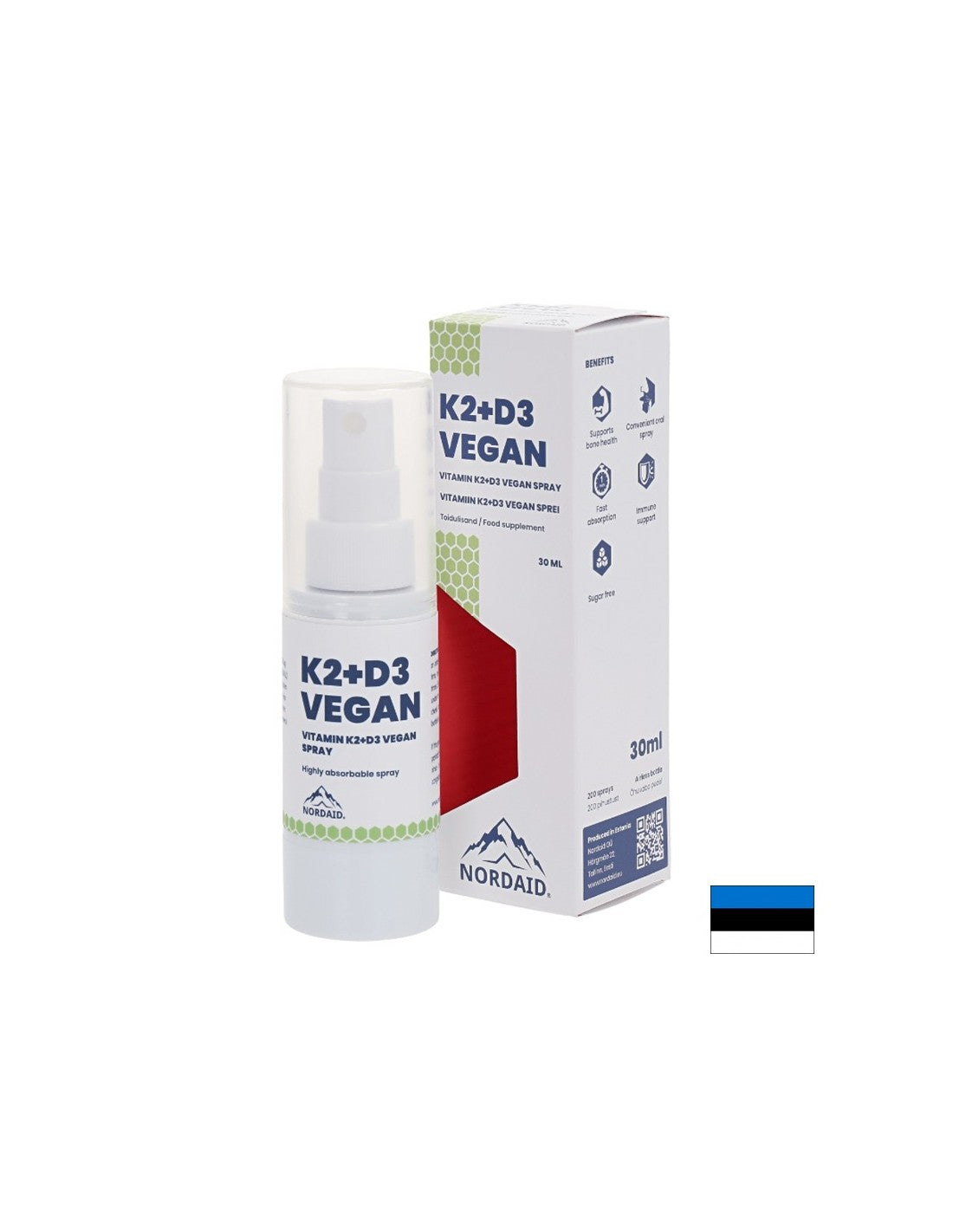 Vitamine vegane K2 (25 µg) + D3 (1000 UI) - Sănătatea inimii și a oaselor, imunitate puternică, spray pentru gură, 30 ml, 200 spray-uri