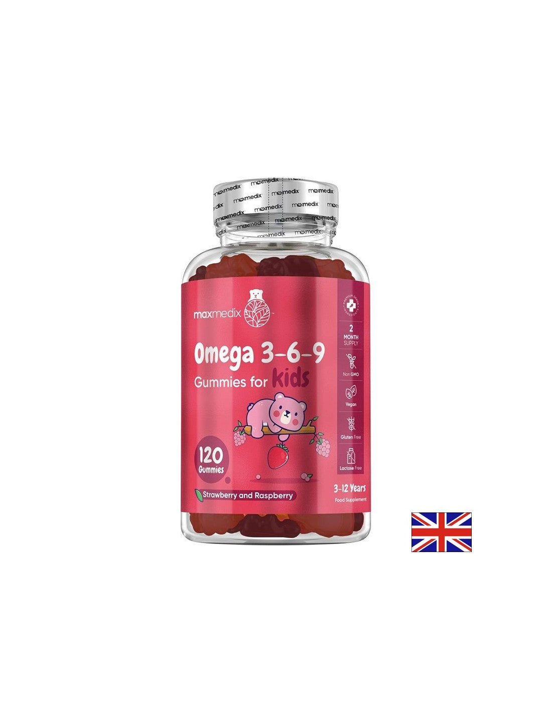 Imunitatea și funcția creierului - Omega 3-6-9 pentru copii, 120 de tablete de jeleu, aromă de căpșuni și zmeură