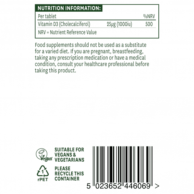 Vitamina D3 (Vitamina D3) 1000iu 60 tablete vegane NaturesAid