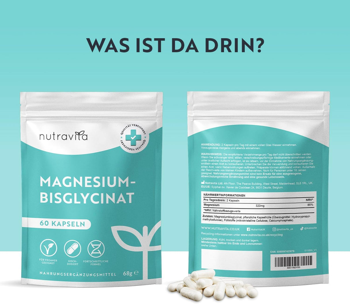 Magnesium Bisglycinate 60 capsules 320 mg Vegan Nutravita - Nutra Best Europe