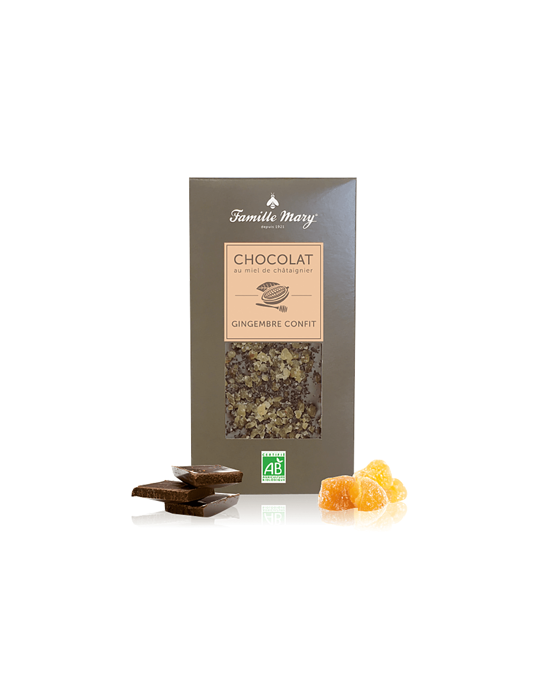 Ciocolata cu miere de floare de castan si ghimbir confiat, 80 g
