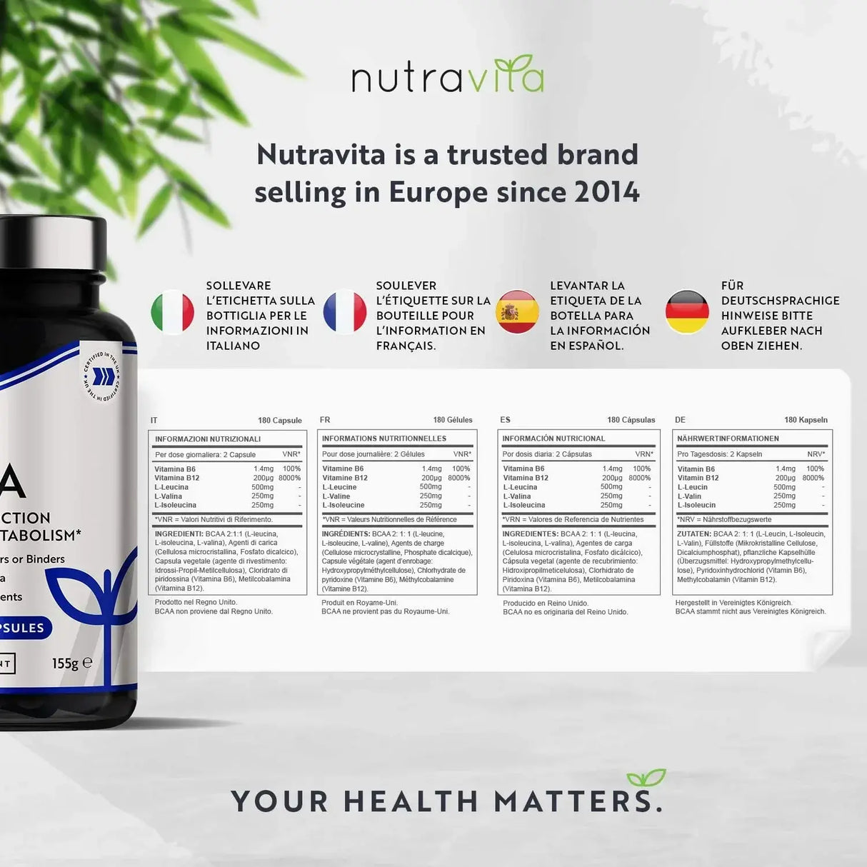 BCAA (2:1:1) with Vitamins B6 & B12 - 180 Vcaps. Nutravita - Nutra Best Europe