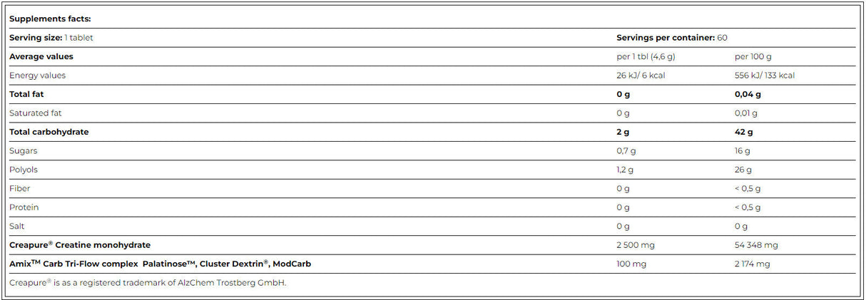 Performance Creatine Creapure 2500 mg / 60 de mestecat - 0.000