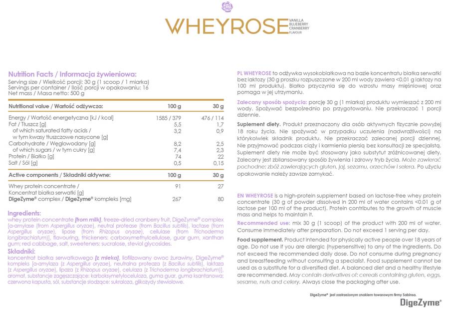 AllDeynn | WheyRose - Proteine fără lactoză cu DigeZyme - 500 de grame