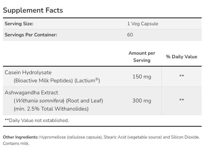 Ashwagandha pentru ameliorarea stresului | Cu peptide bioactive din lapte - 60 capsule