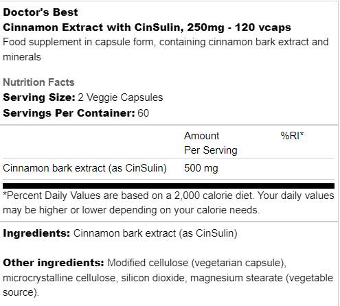 BEST Extract de scorțișoară cu CinSulin 250 mg - 120 capsule