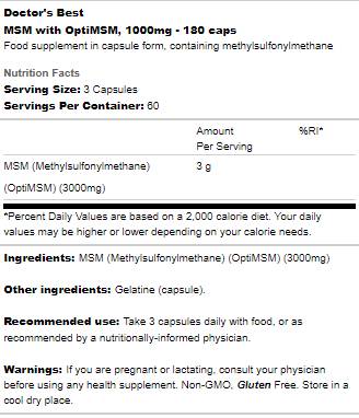 BEST MSM 1000mg | Cu OptiMSM - 180 capsule