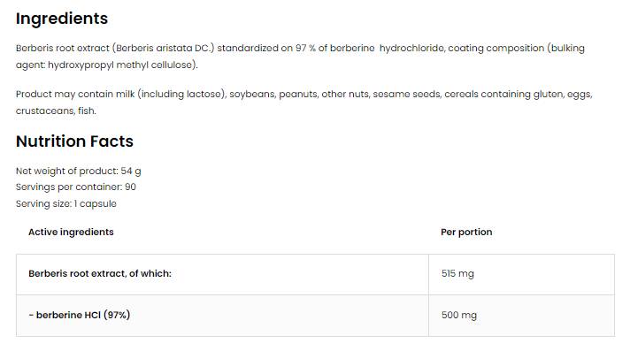 Berberină HCI 500 mg | Extract de rădăcină Berberis 97% 90 capsule