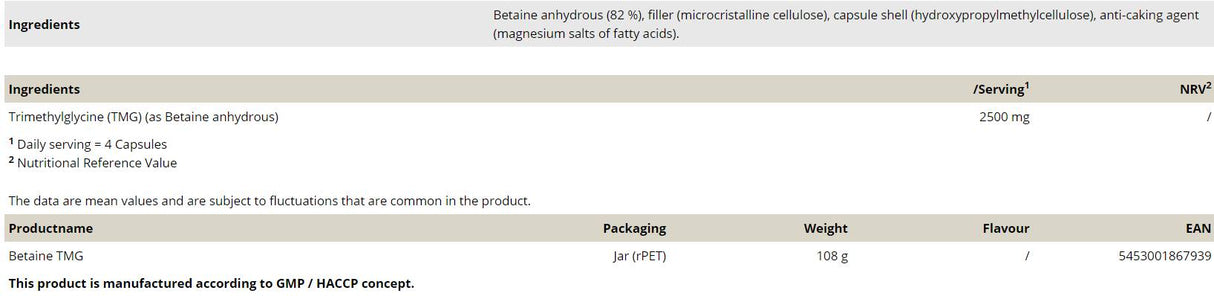 Betaine TMG 750 mg - 120 capsule