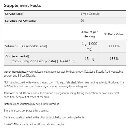C-1000 Zinc Imun | Vitamina C + Bisglicinat de zinc - 90 capsule