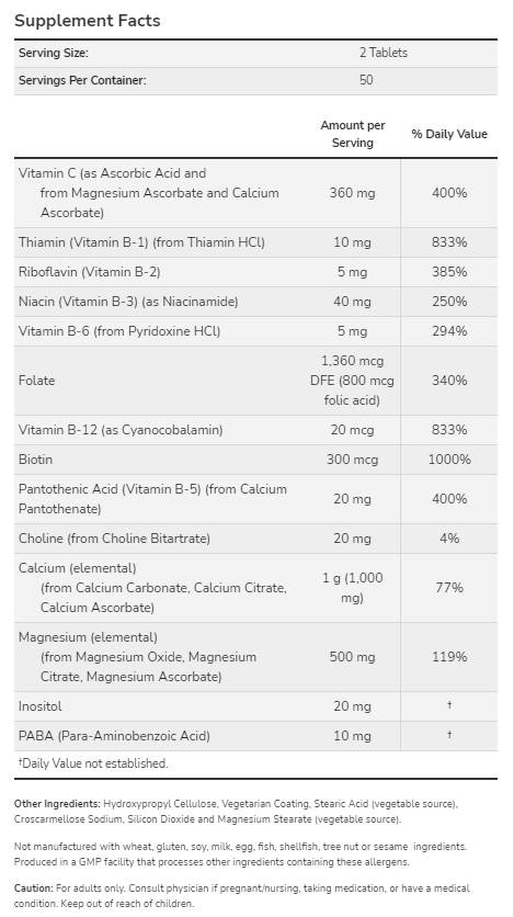 Cal-MAG cu complexul B și vitamina C | Formula de stres - 100 de comprimate
