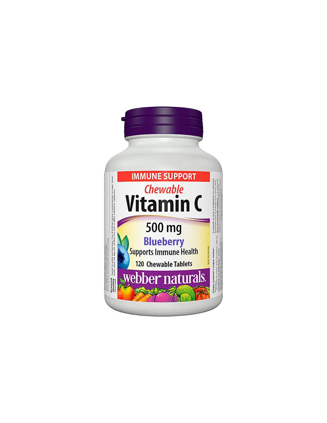 Vitamina C masticabilă 500 mg - Vitamina C 500 mg - 120 tablete masticabile cu aromă de afine Webber Naturals