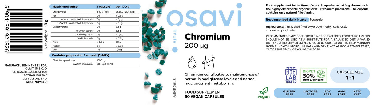 Picolinat de crom 200 mcg - 60 capsule