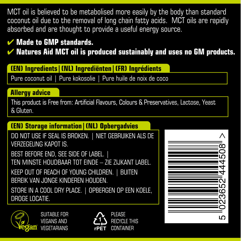 Trigliceride cu lanț mediu din ulei de cocos (100% ulei MCT) 500 ml NaturesAid