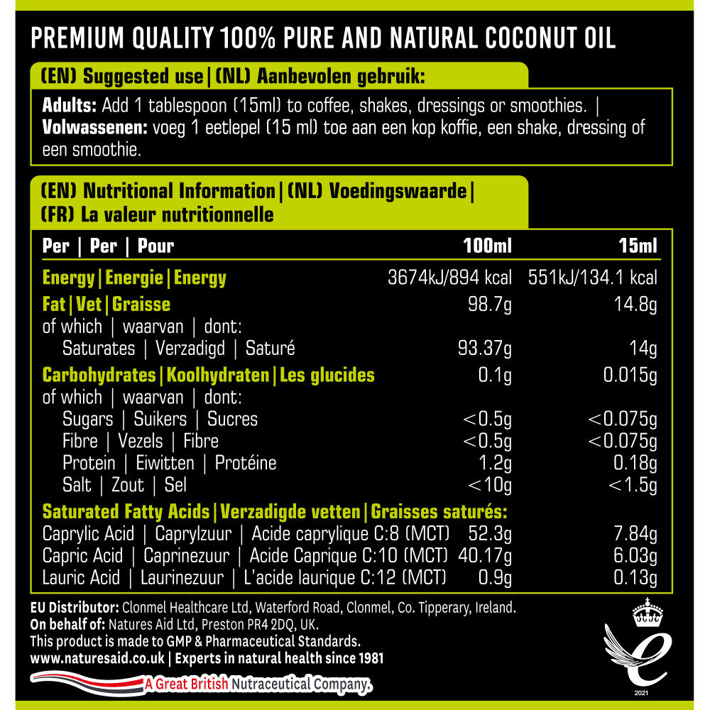 Trigliceride cu lanț mediu din ulei de cocos (100% ulei MCT) 500 ml NaturesAid