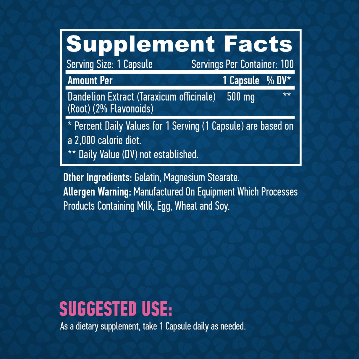 Extract de rădăcină de păpădie (2% flavonoide) 500 mg / 100 capsule.