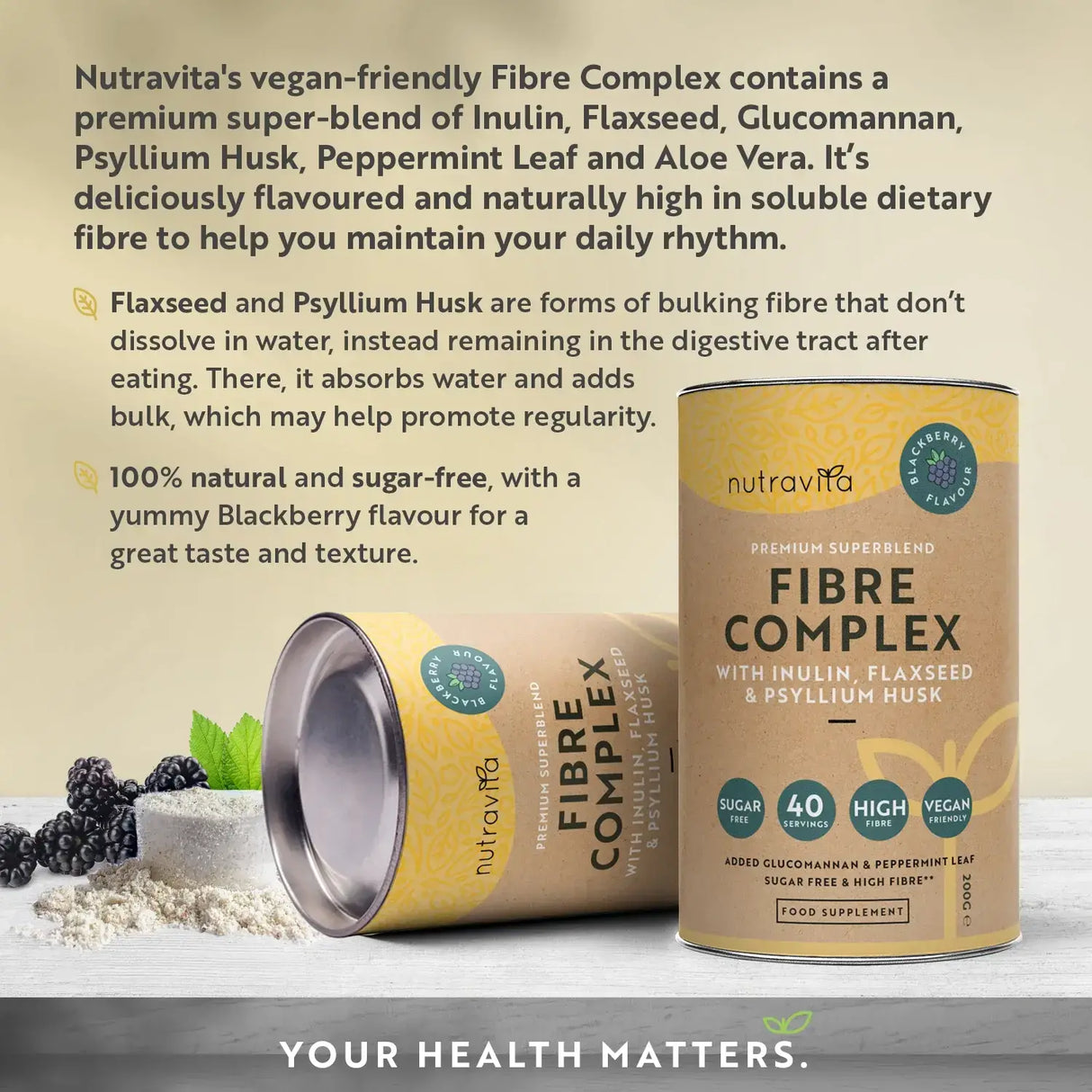 Fibre Complex Powder - BlackBerry Flavour /200 g, 40 doze/ Nutravita