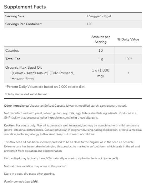 Ulei de in 1000 mg | Formula vegană - 120 de capsule moi