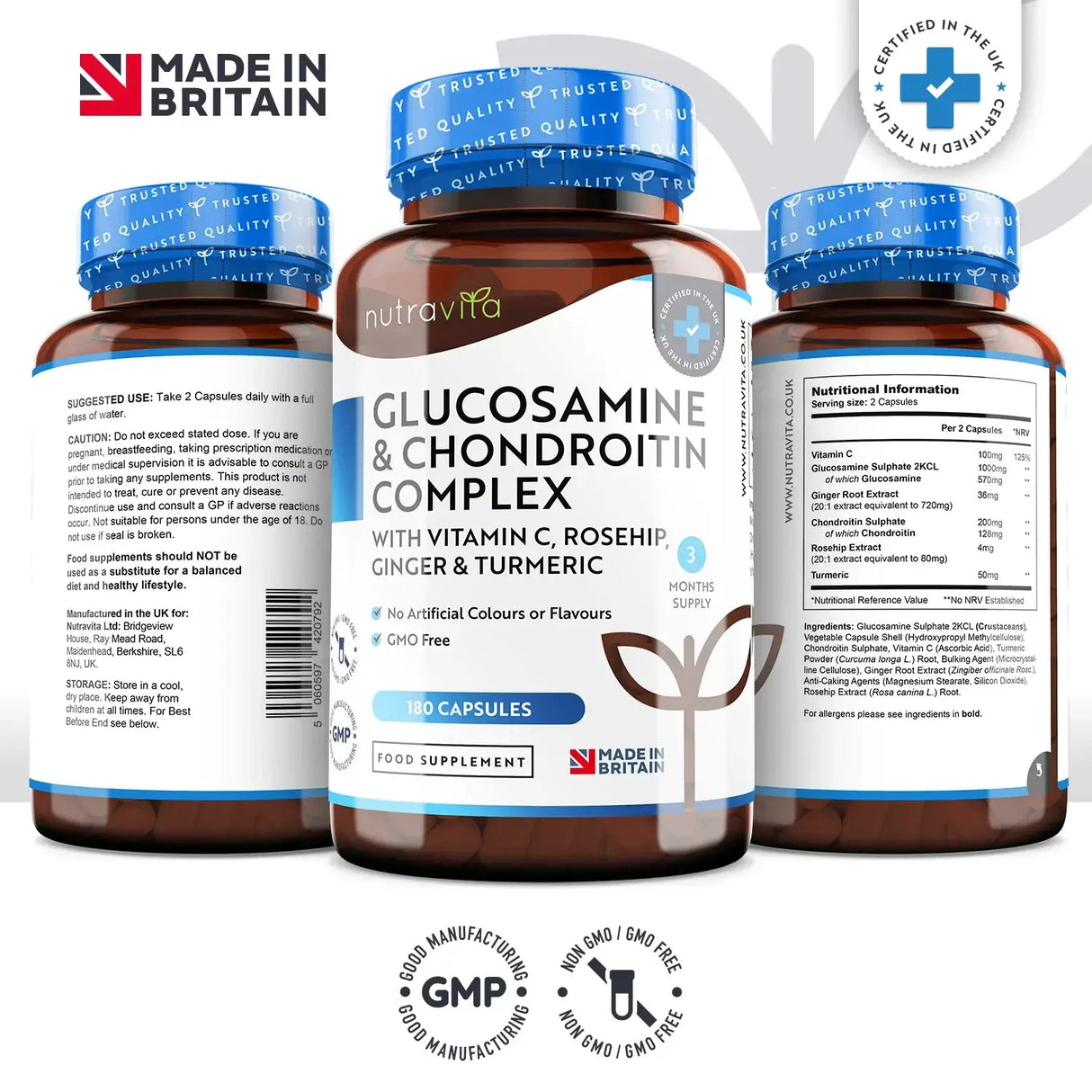 Glucozamină Condroitină /180 capsule, 90 zile/ cu turmeric, ghimbir și vitamina C Nutravita