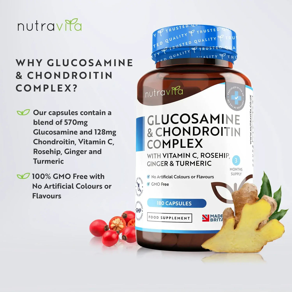 Glucozamină Condroitină /180 capsule, 90 zile/ cu turmeric, ghimbir și vitamina C Nutravita