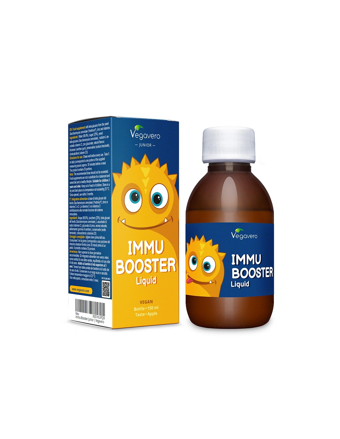 Immu Booster Liquid - Sirop de imunitate pentru copii cu beta glucani, zinc + vitamina C si D3, 150 ml, aroma de mere