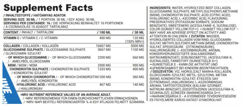 Lichid de protecție pentru articulații | Colagen, MSM, Glucozamina, Condroitina, Acid Hialuronic - 500 ml