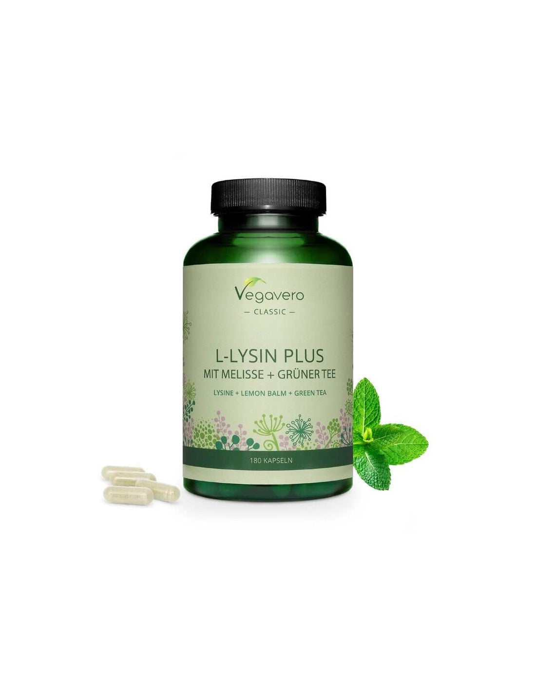 L-lysin plus mit melisse + grünter tee/ L-lysin + balsam de lămâie și ceai verde, 180 capsule, 100% Vegan Vegavero