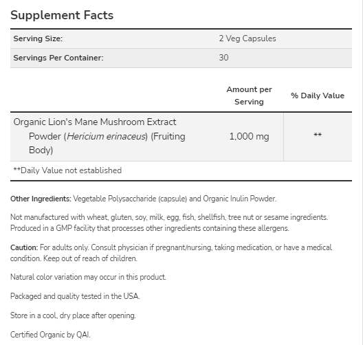 Lion's Mane 500 mg | Fabricate cu ciuperci de leu organic - 60 de capsule