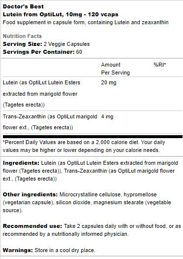 Luteină 10 mg | De la OptiLut - 120 capsule
