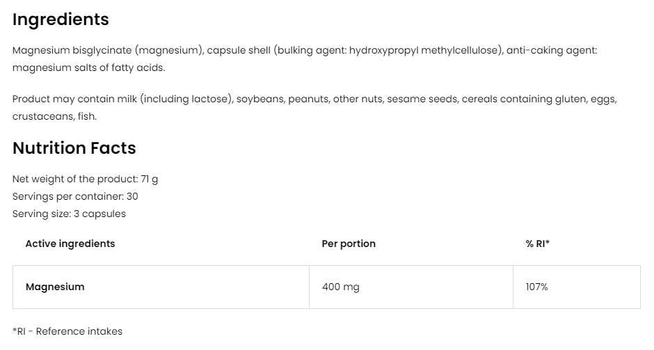 Glicinat de magneziu | 400 mg porție de bisglicinat de magneziu 90 capsule