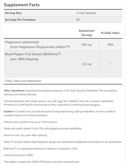 Glicinat de magneziu cu BioPerine® - 180 capsule