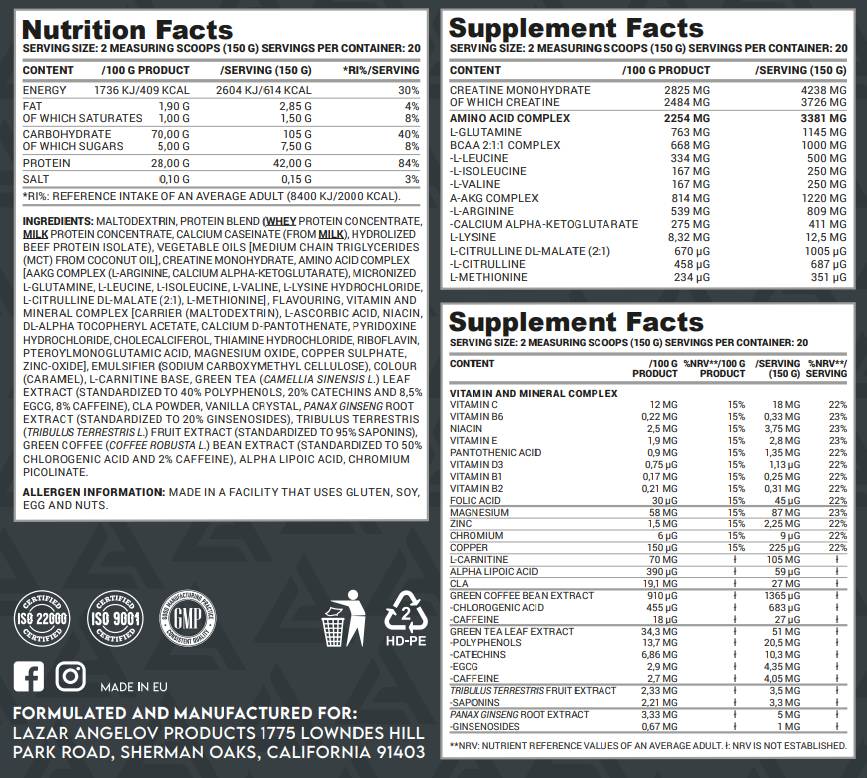 Massive Gainer | cu creatină, aminoacizi și vitamine - 3000 de grame