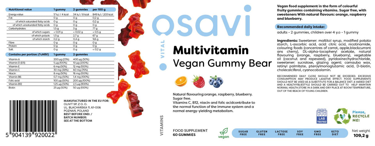 Ursuleț Gummy Vegan Multivitamine | Portocală, Zmeură, Afine - 60 de bomboane de gumă