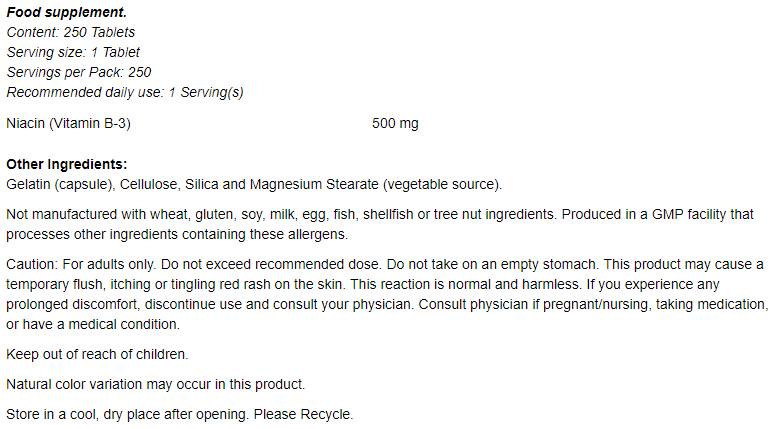 Niacină 500 mg - 250 tablete