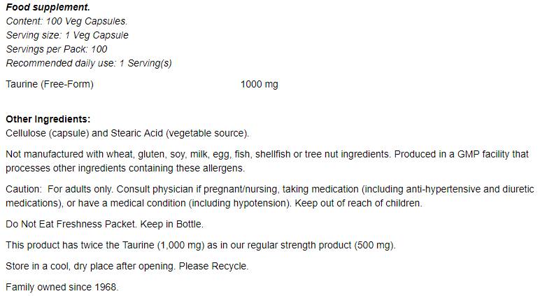 Taurina 1000 mg / Dubla putere - 250 capsule