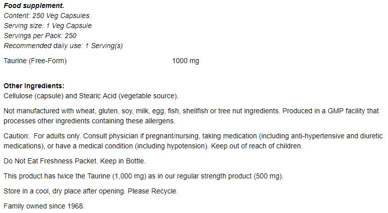 Taurina 1000 mg / Dubla putere - 250 capsule