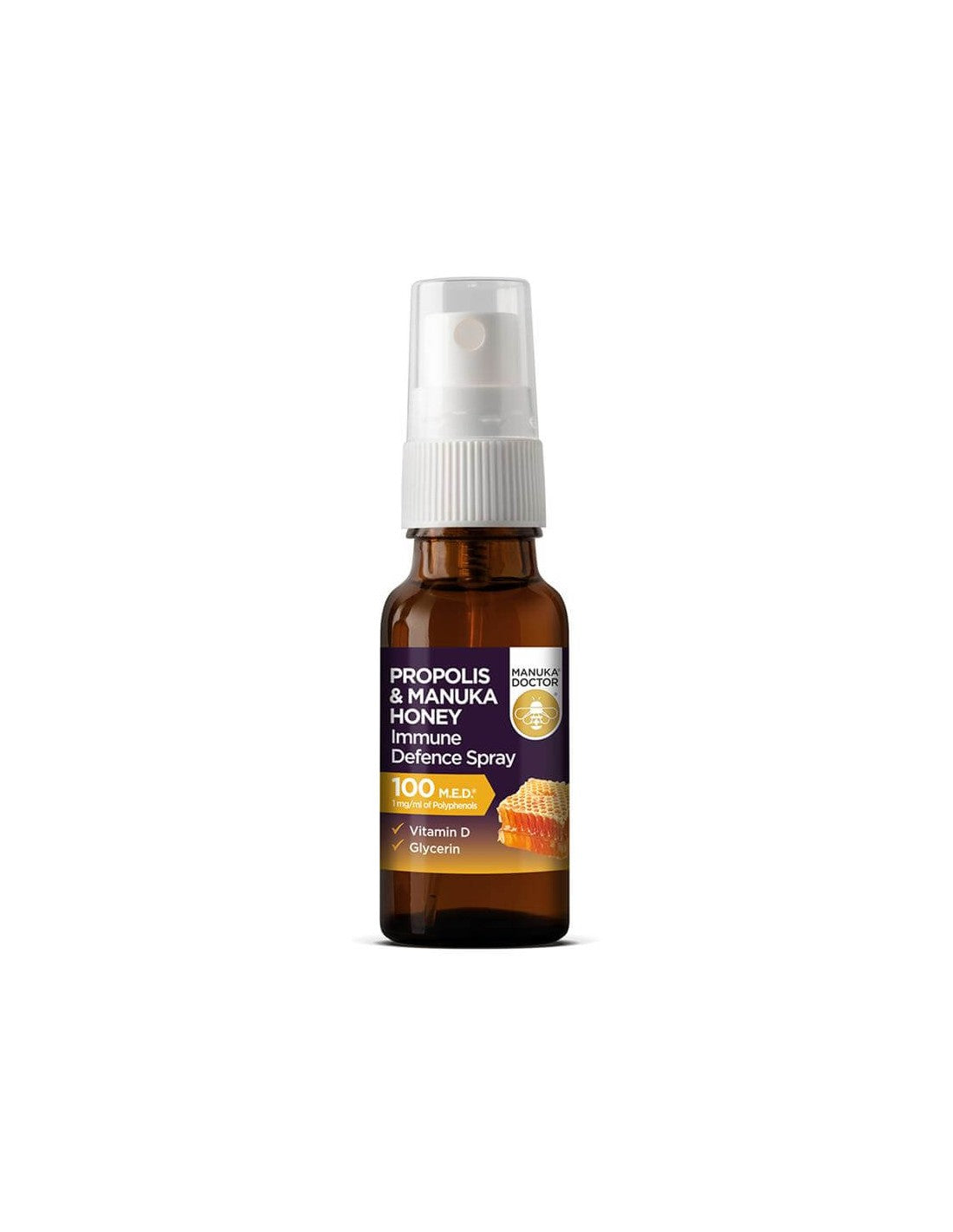 Spray de apărare imună cu propolis și miere de Manuka 100 MED® / Spray bucal cu miere de manuka, propolis și vitamina D, 20 ml