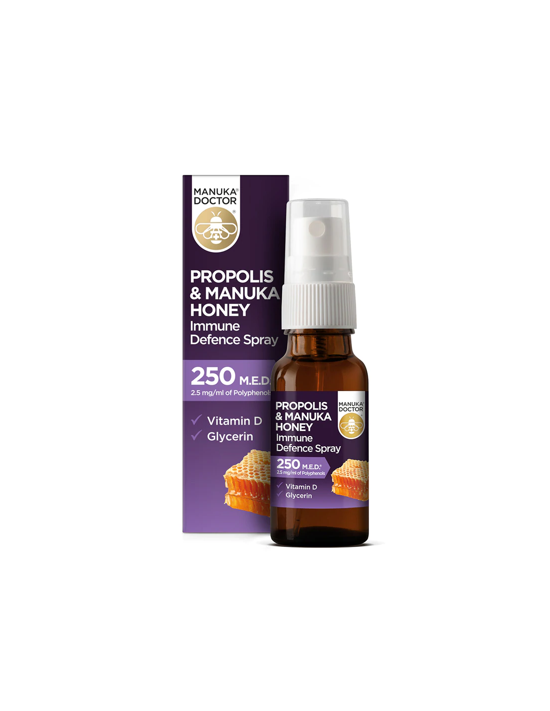 Spray de apărare imunitară propolis și miere de Manuka 250 MED/ Spray pentru gât cu propolis (250 MED), miere de manuka și vitamina D3, 20 ml