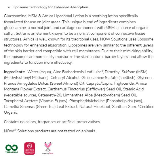 Loțiune de lipozomie glucosamină, MSM și Arnica - 237 ml