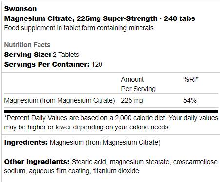 Citrat de magneziu super-rezistent 225 mg 240 tablete