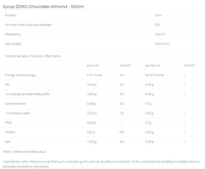 Sirop Zero - Ciocolata Migdale - 500 ml