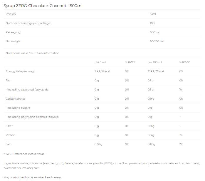 Sirop Zero - Ciocolata Cocos - 500 ml